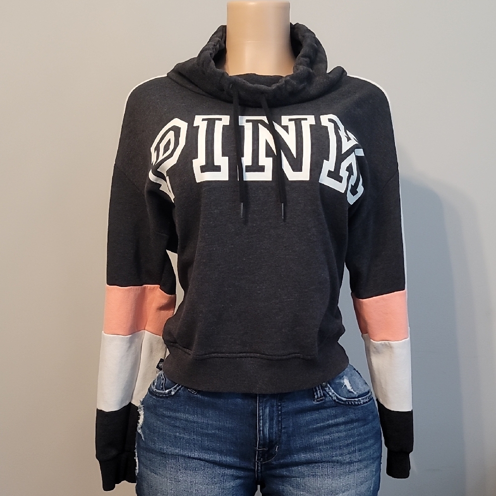 PINK Victoria's Secret Charcoal Gray Hoodies w Pink + White Colorblock